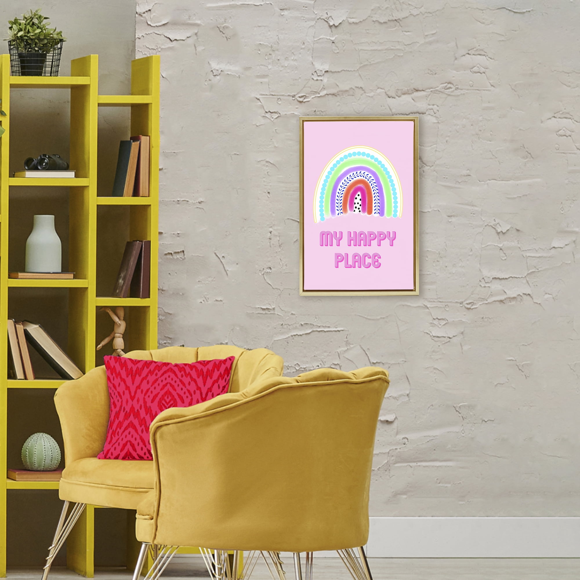 Stupell Industries Happy Place Dotted Rainbow Gold Framed Floater Canvas Wall Art, design by Pooja Dave