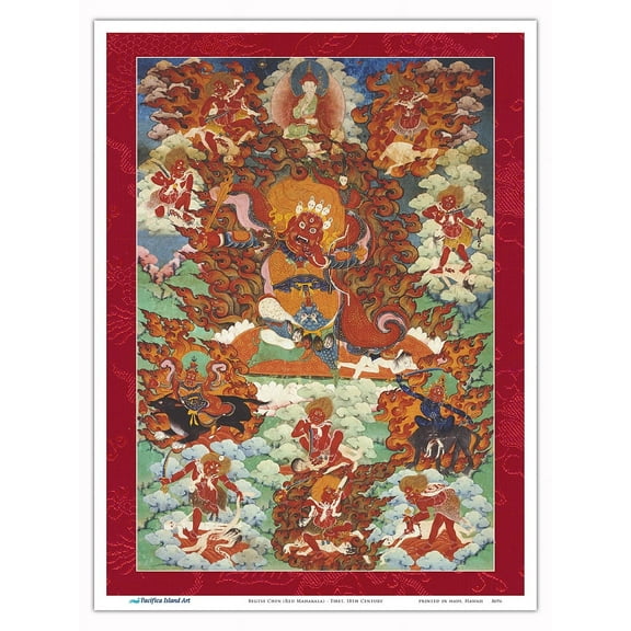 Begtse Chen (Red Mahakala) - Buddhist Tantric Protector Deity - Vintage Tibetan Thangka Buddhist Painting - Tibet, 18th Century - Master Art Print (Unframed) 9in x 12in