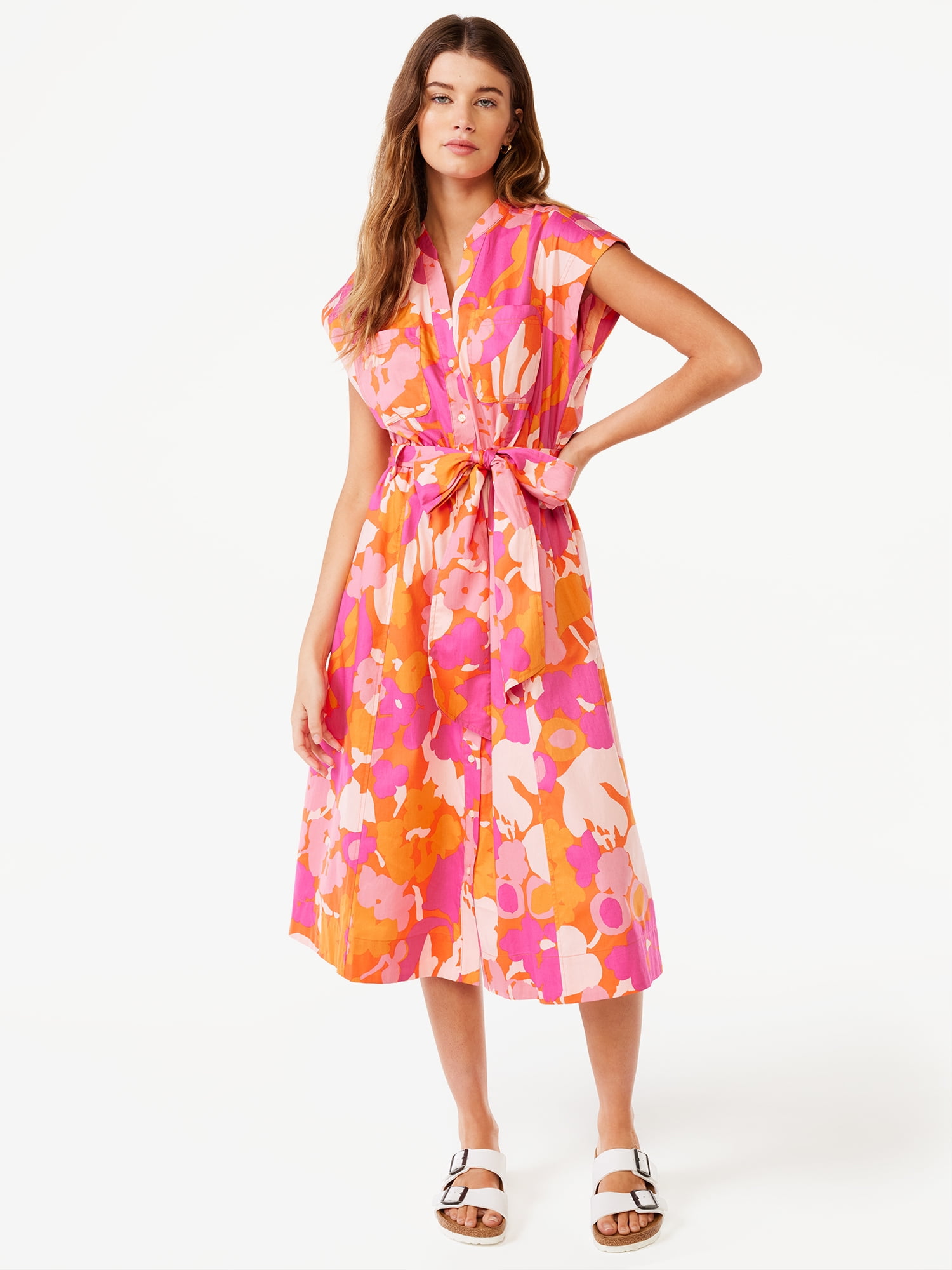 Free Assembly Women's Belted Midi Shirt Dress with Short Sleeves, Sizes ...