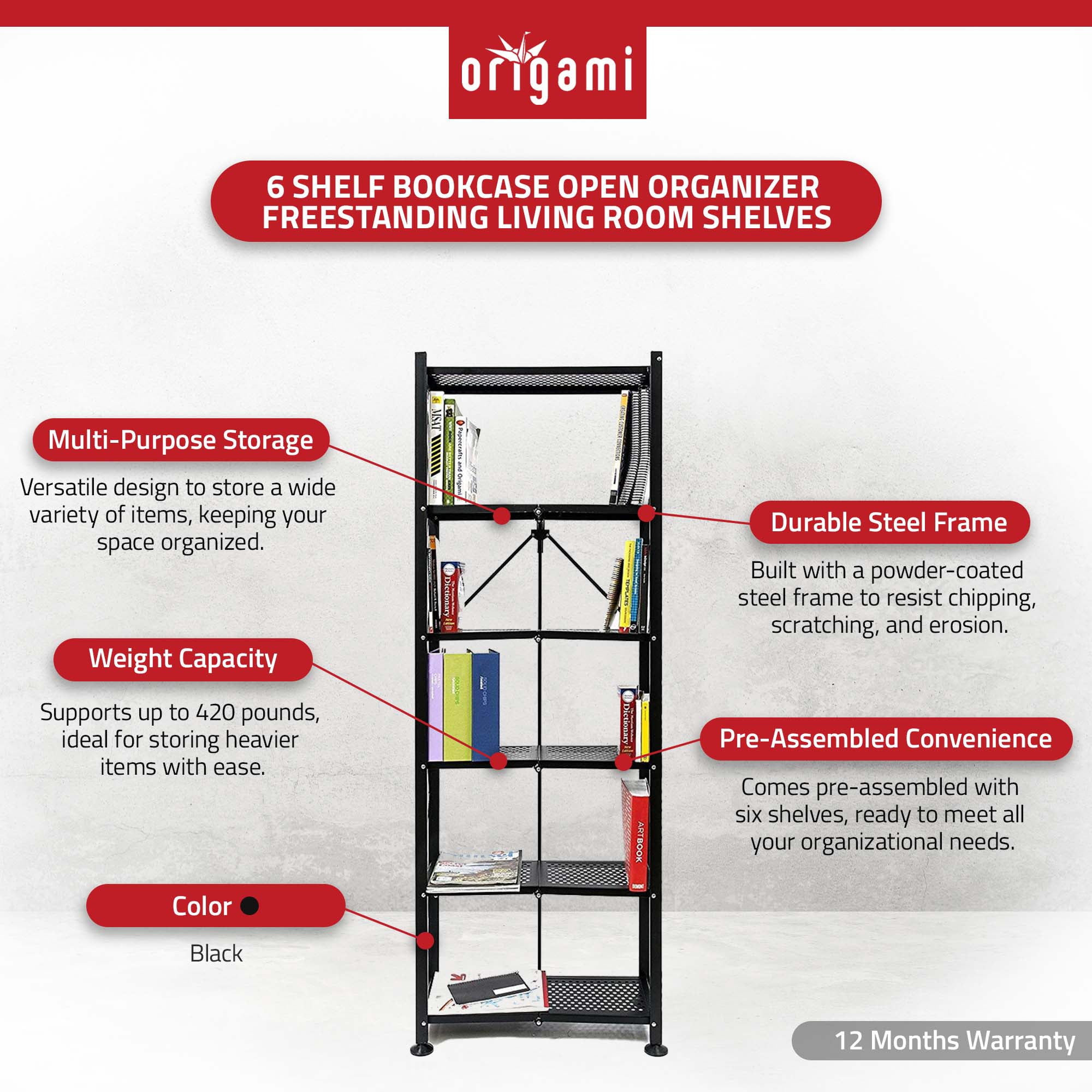 Origami 6 Shelf Bookcase Open Organizer Freestanding Living Room Shelves