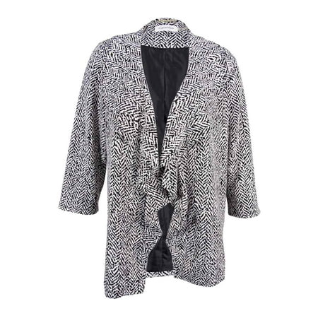 Calvin Klein Women's Intarsia Knit Ruffled Open Cardigan (16W, Black/Eggshell)