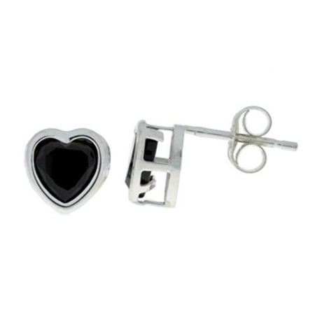 Black Onyx Bezel - 2 Ct Genuine Black Onyx Heart Bezel Stud Earrings .925 Sterling Silver
