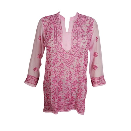 - Mogul Womens Beautiful Pink Floral Hand Embroidered Tunic Blouse Long Sleeves Georgette Sheer Kurti Cover Up Top Dress S