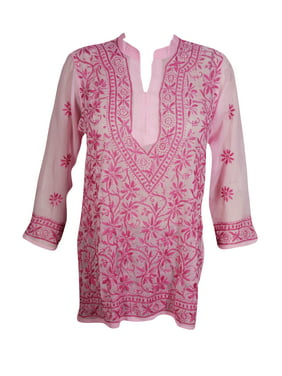 Mogul Womens Beautiful Pink Floral Hand Embroidered Tunic Blouse Long Sleeves Georgette Sheer Kurti Cover Up Top Dress S