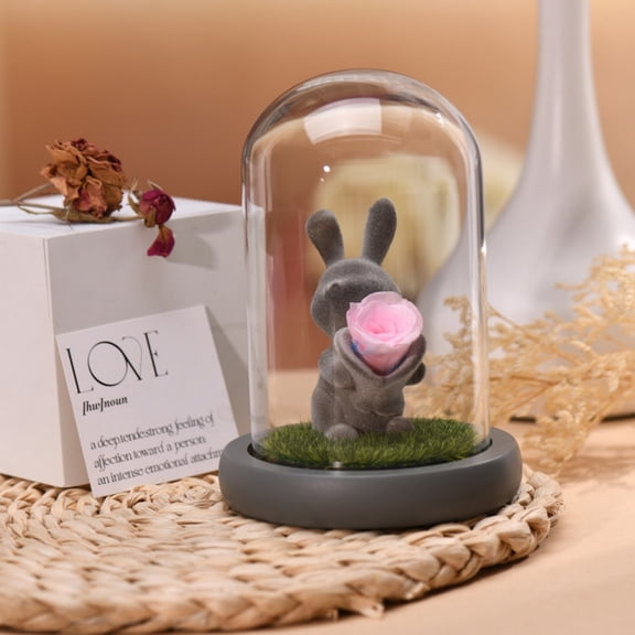 Bunny Preserved Rose Light-Up Glass Dome | LED Eternal Flower Ornament | Romantic Gift for Valentine’s Day, Anniversary, Birthday | 6.3" Tall