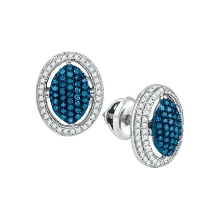 10kt White Gold Womens Round Blue Colored Diamond Oval Frame Cluster Earrings 1/2 Cttw = .55 Cttw (I3 Clarity, round
