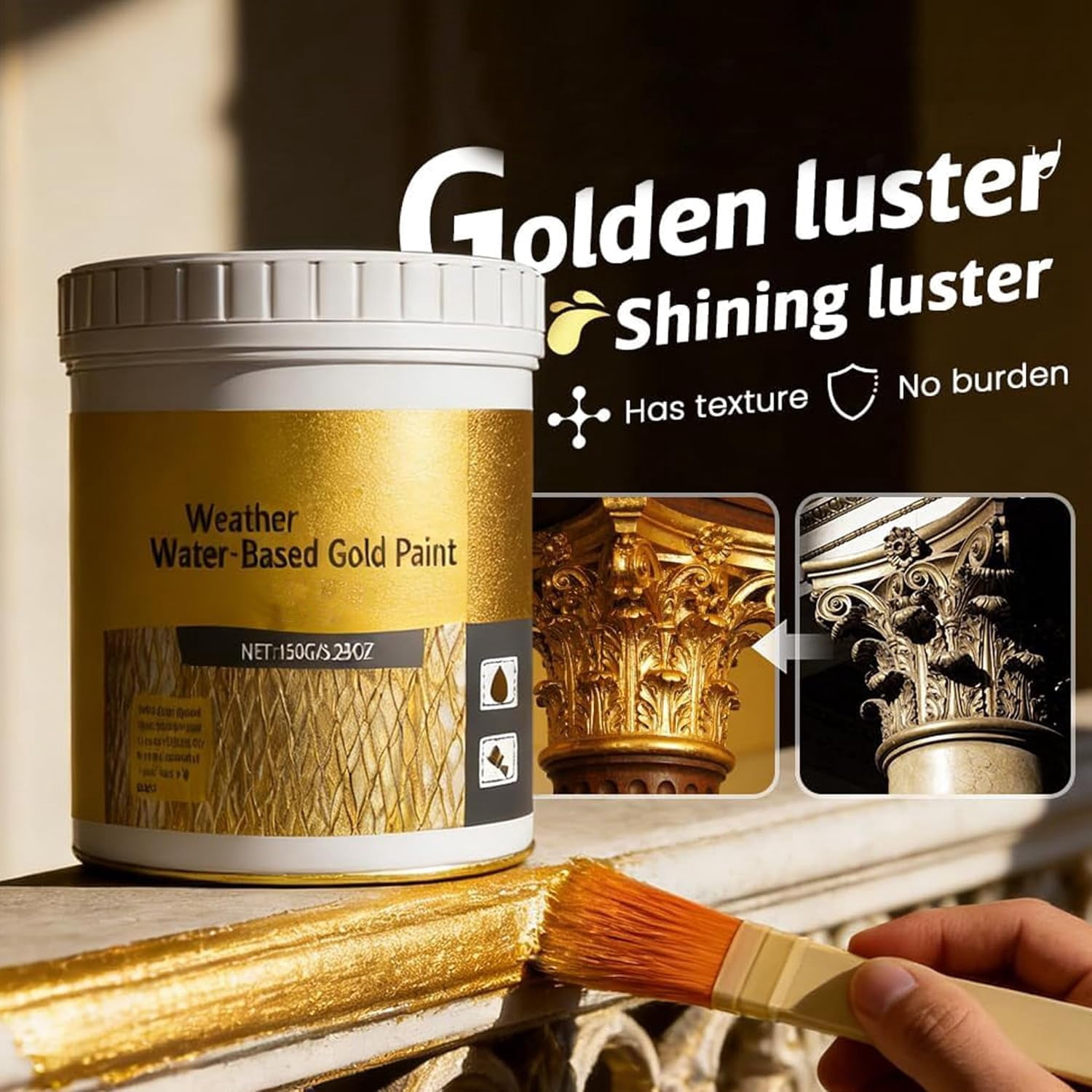 Water-Based Weather-Resistant Gold Paint, Metallic Gold Leaf Acrylic Paint for Wood, Metal, Canvas & Crafts, Waterproof Outdoor Paint for Furniture, Art, Gilding & DIY Projects (3pc)