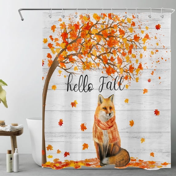 HVEST Farmhouse Fall Shower Curtain for Bathroom,Funny Fox and Autumn Red Orange Maple Leaf on Gray Fabric Shower Curtain with Hooks,Rustic Country Bathroom Curtain Shower Set, 60x72 inches