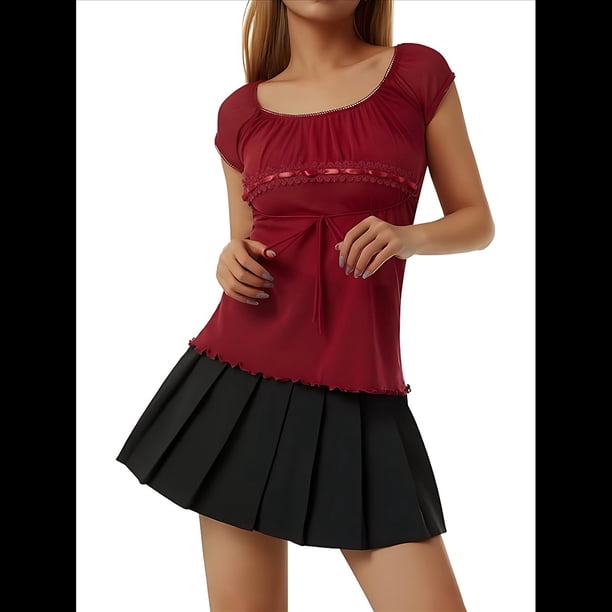 Camisetas de Estilo Grunge Y2K con Cuello Cuadrado Transparente y Retazos de Encaje para Mujer, Ropa Estética Gótica Vintage Rojo S