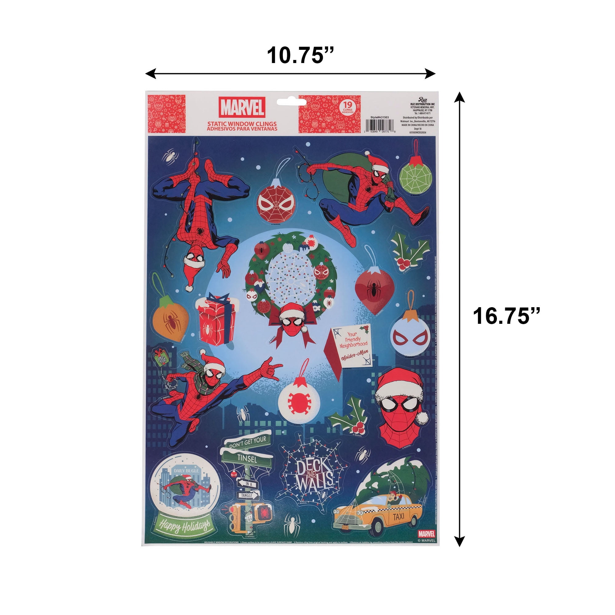 Marvel Spider‑Man Holiday Static Window Clings – Christmas Decoration Sheet