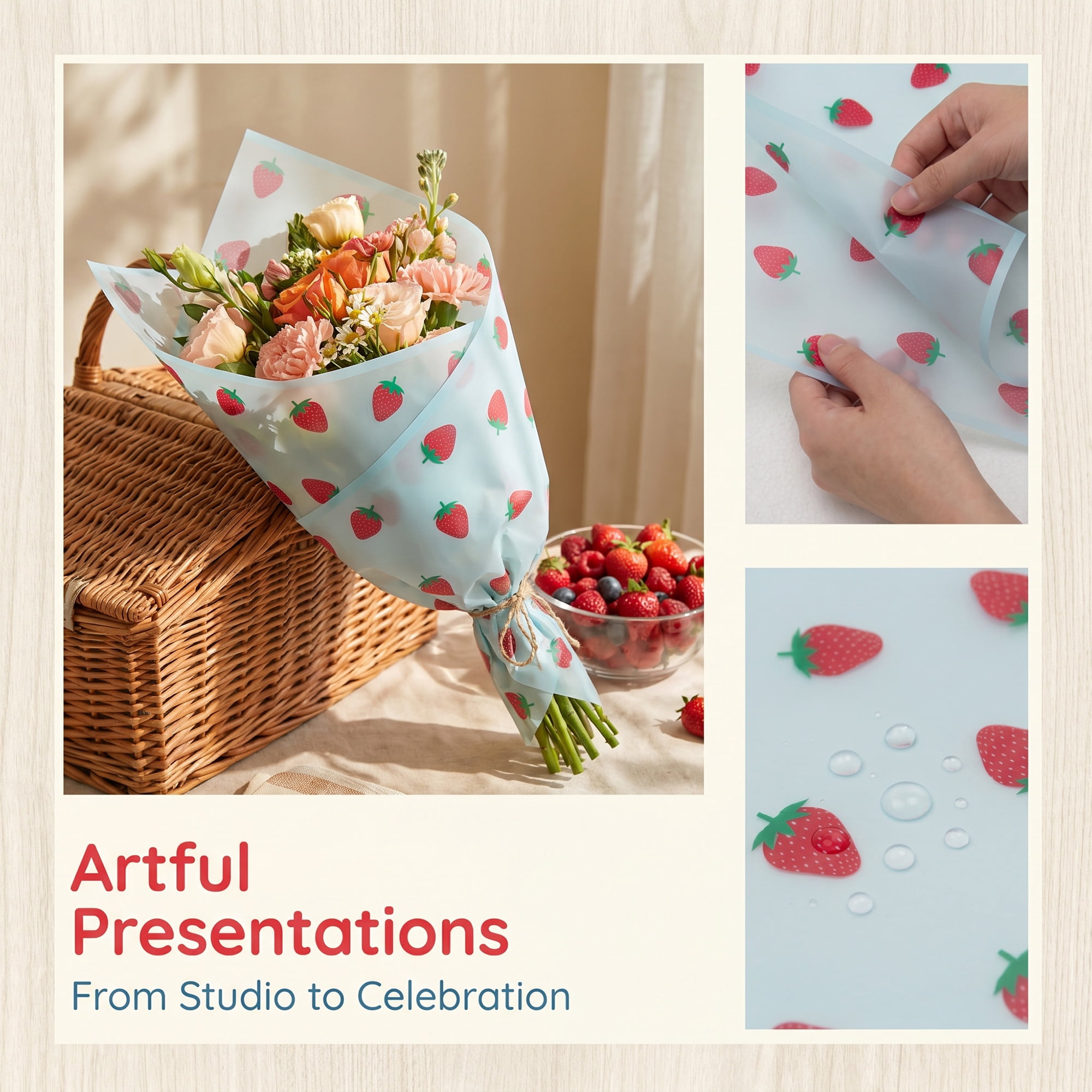 Unique Bargains Strawberry Gift Wrapping Paper Sheets for Floral Gifts Blue 22.4"x 22.4"