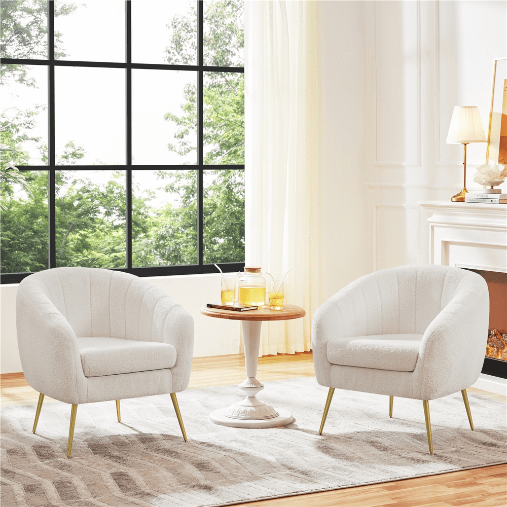 Alden Design Modern Tufted Boucle Barrel Accent Armchair with Gold Metal Legs for Living Room, Ivory