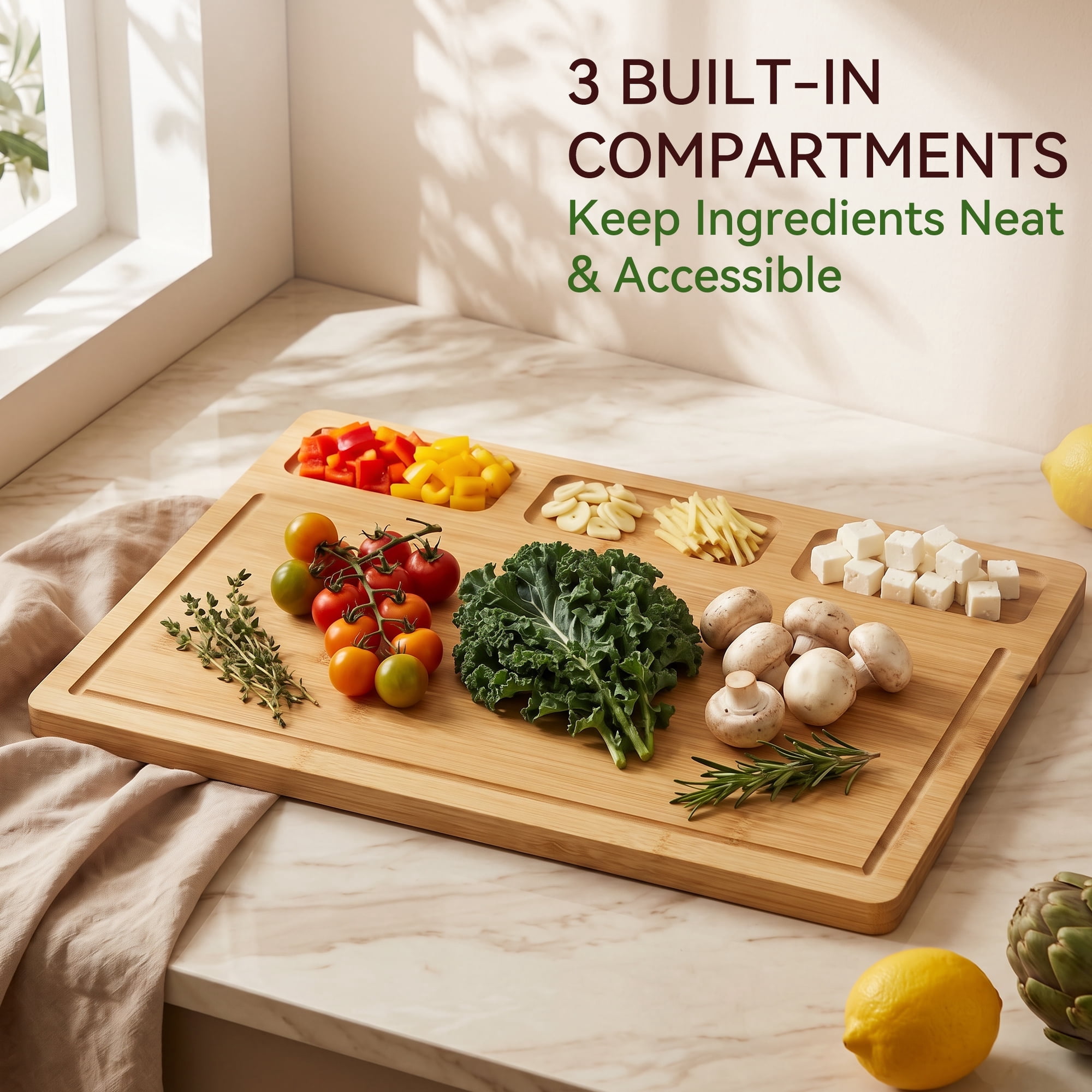 Kikcoin Cutting Board Set of 3, Bamboo Cutting Boards for Kitchen, Non-slip Wooden Chopping Boards with Juice Grooves, Reversible Charcuterie Board for Fruit, Meat