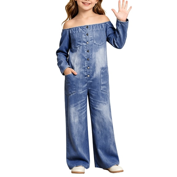 Tfken Girls Jumpsuit Summer Off The Shoulder Comfy Casual Jumpsuit With Pockets Daily Wear Soft Child Fashion Clothes Size 4-5 Years Blue