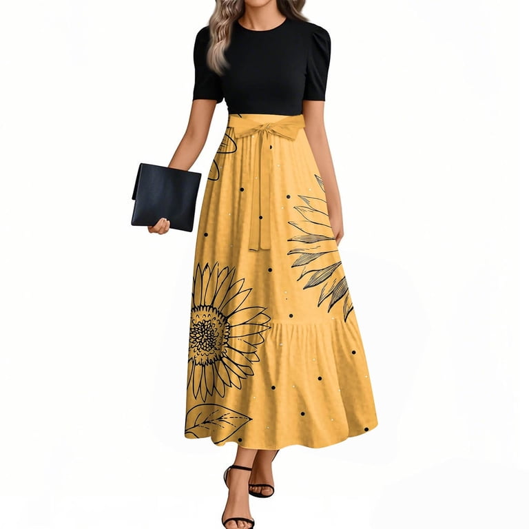 JULMCOMO Dresses for Women 2025 Short Sleeve Teacher Dress Business Maxi  Dresses Floral Print Cute Tie Waist Long Bodycon Dress Wedding Guest Business  Casual Outfits Yellow M - Walmart.com