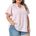 thumbnail image 2 of DARING DIVA Women's Plus Short Sleeve Ruffle Notch V Neck Floral Shirt Blouse 1X Pink, 2 of 6