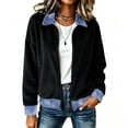 thumbnail image 2 of JULMCOMO Ribbed Knit Jacket for Women Collared Denim Contrast Zip Up Jacket Spliced Jean Trim Long Sleeve Casual Cardigan Black S, 2 of 4