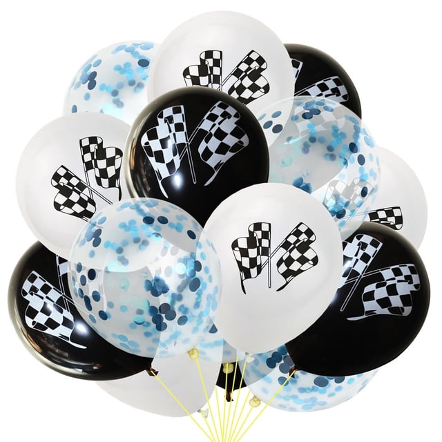 15 Pcs Party Balloons Black and White Racing Flag Sequin Confetti Balloons Inflatable Balloons (5 Pcs White + 5 Pcs Black + 5 Pcs Blue Confetti Balloons)