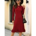 thumbnail image 5 of Women'S Ribbed Knit Sweater Dress Casual Long Sleeve Crew Neck Bodycon Pleated A Line Long Dress Streetwear Wine Red XXL, 5 of 10