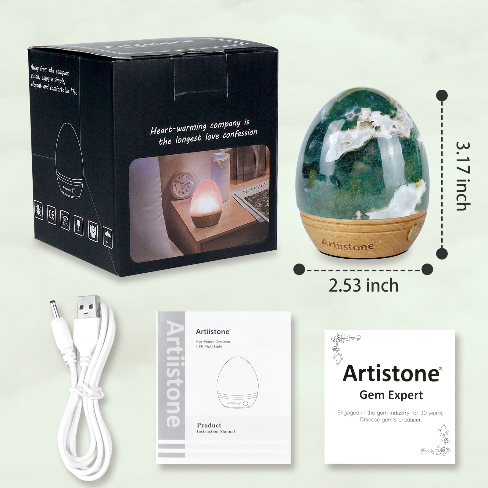 Artistone Moss Agate Crystal Night Light Carved Gemstone USB Rechargeable Touch Sensor LED Lamp