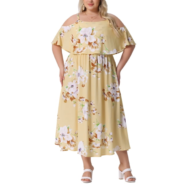 Vestido Maxi de Verano para Mujer Plus Size con Cuello Cuadrado y Tirantes Ajustables, Mangas Frías, Floral, 1X Amarillo