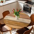 thumbnail image 3 of Farmhouse Yellow Brown Fitted Tablecloth with Elastic Edged, Round Table Cloth for Dining Table, Vintage Wooden Striped Waterproof Oil Proof Table Cover for Indoor Outdoor 45"-54", 3 of 8