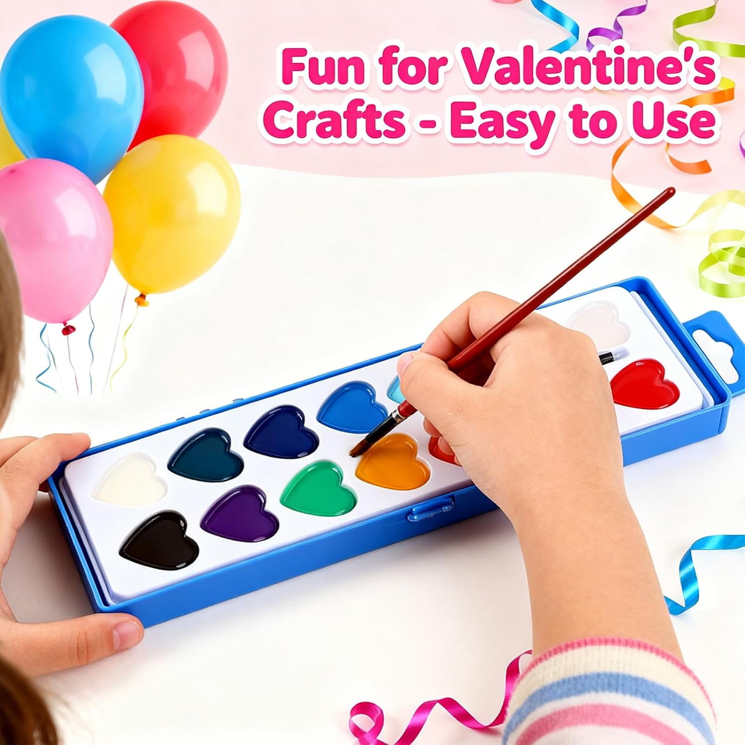 Valentine’s Day Mini Watercolor Paint Sets, Valentine Watercolor Set, Washable Mini Heart Water Color Paint for Valentine’s Day with Brushers (8colors 4pcs)