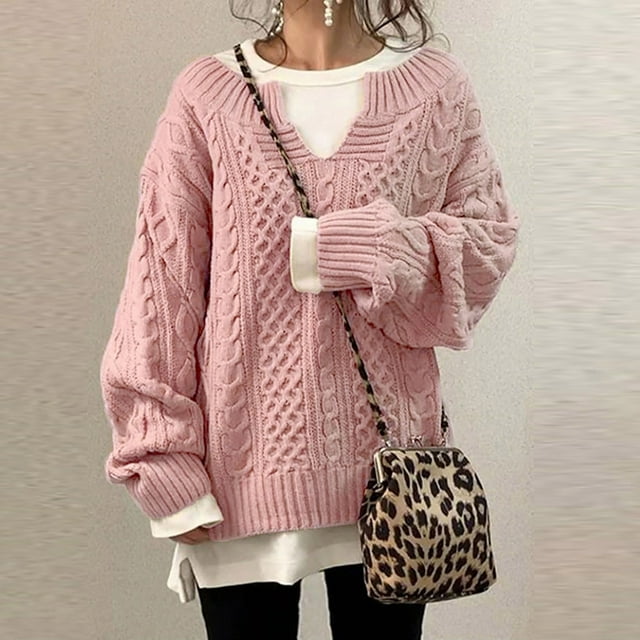 Simua Women's Winter Warm Chunky V Neck Long Sleeve Loose Cable Knit Sweater Pullover