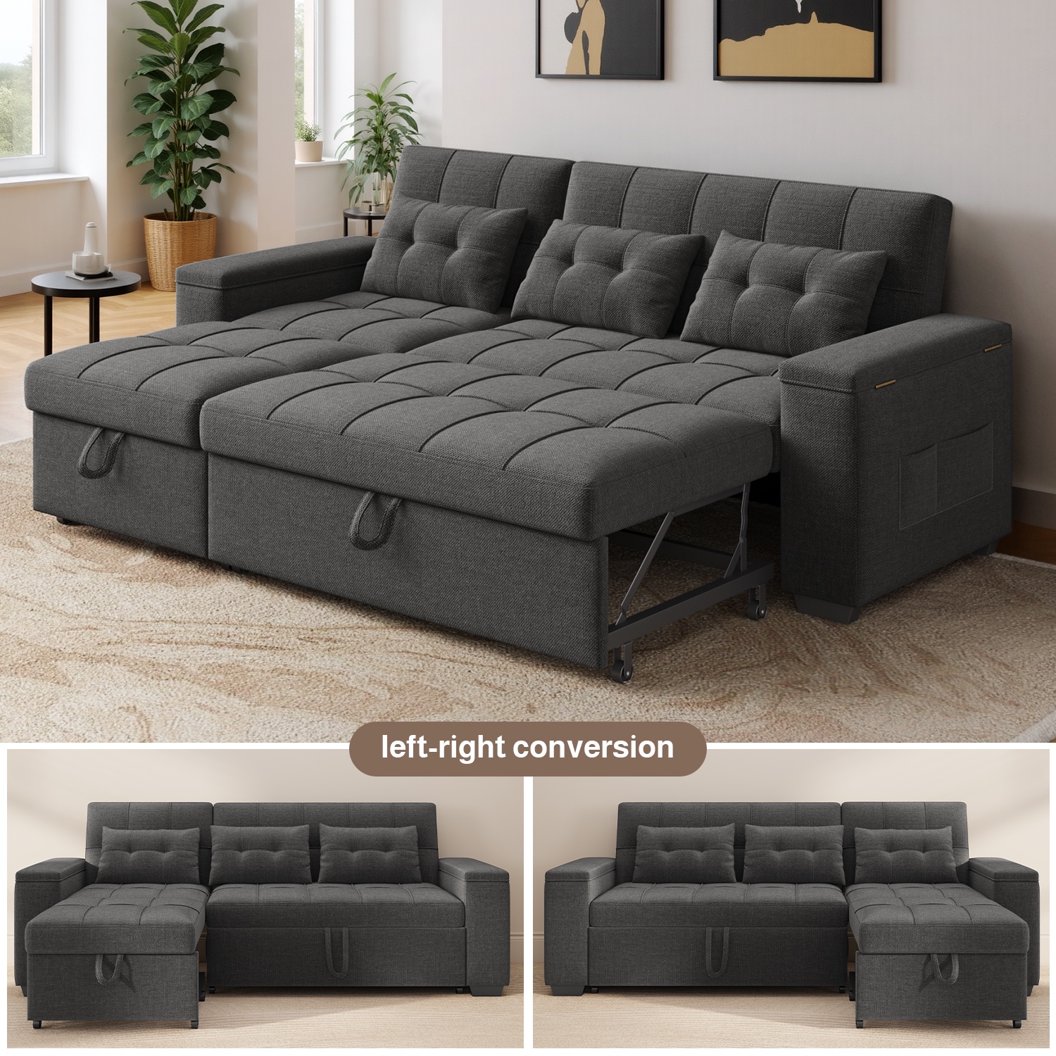 Noelse 87" 3-in-1 Convertible Sofa Bed, Dark Gray photo 4