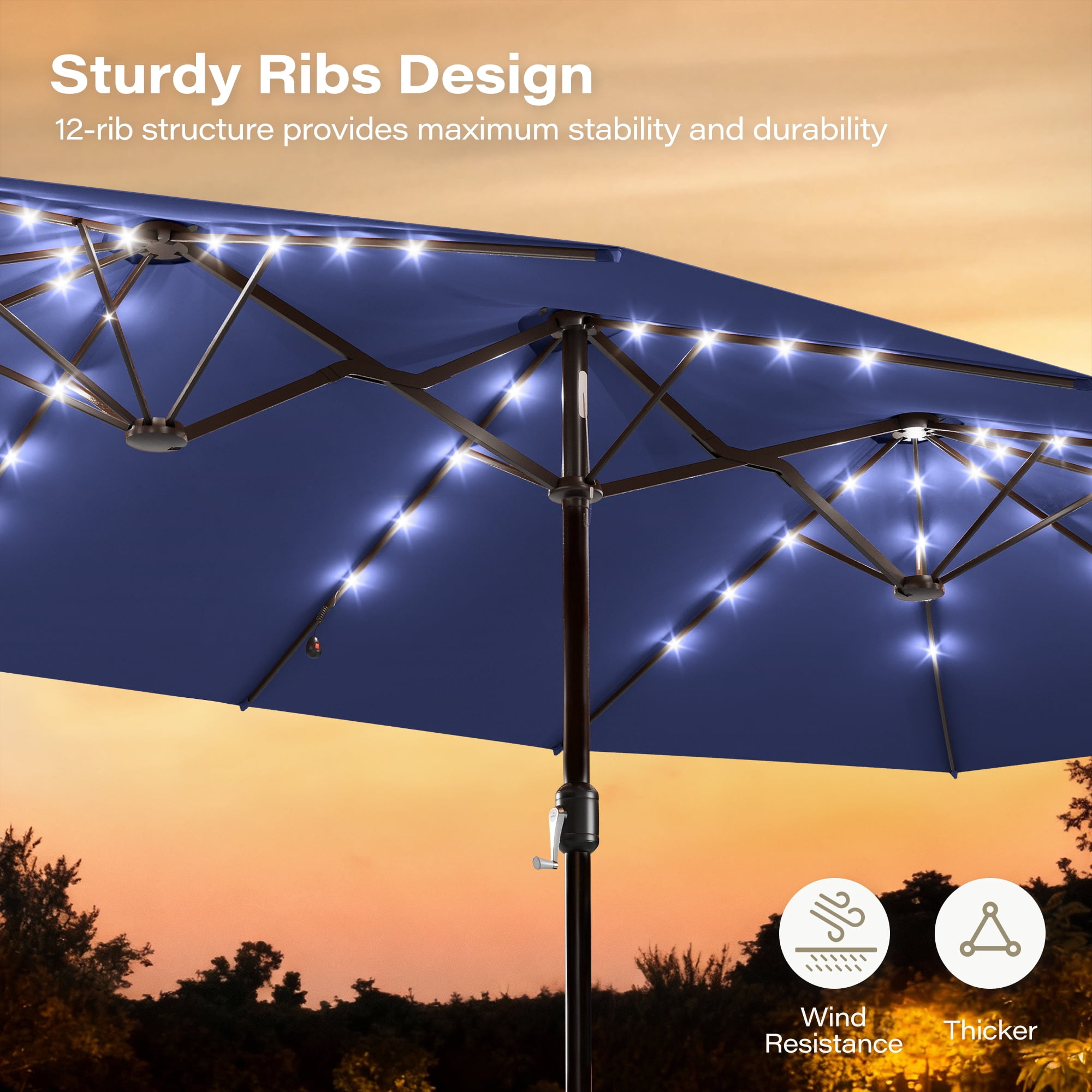 LAUSAINT HOME 15ft Double Sided Patio Umbrella with Base & Lights for Garden, Poolside, Navy Blue