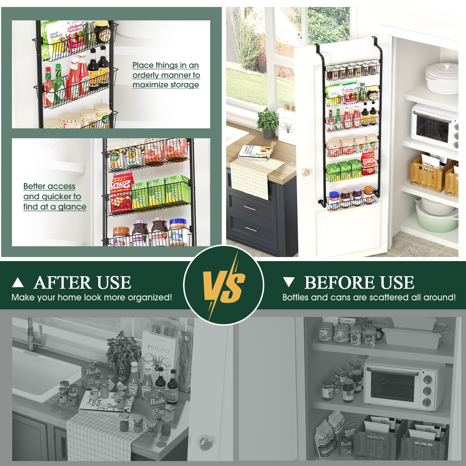 Yeabett 6-Tier Over the Door Pantry Organizer, Larger Baskets Metal Pantry Organization and Storage, Door Back Hanging Space Saver for Kitchen, Laundry, Bathroom, Black
