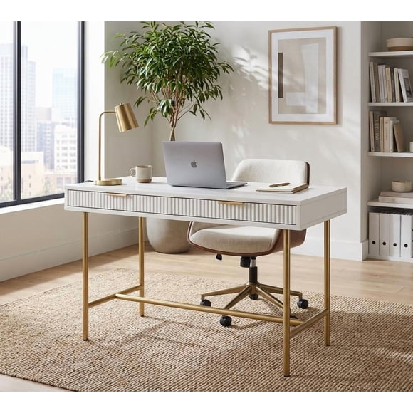 White Two-Drawer Office Desk with Metal Frame - Compact Workstation Table with Storage Drawers - Ideal for Home, Study or Bedroom - Color: White