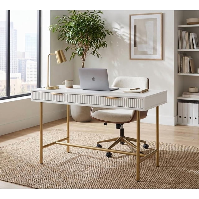 White Two-Drawer Office Desk with Metal Frame - Compact Workstation Table with Storage Drawers - Ideal for Home, Study or Bedroom - Color: White
