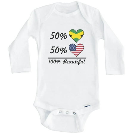 

50% Jamaican 50% American 100% Beautiful Jamaica Flag Heart One Piece Baby Bodysuit (Long Sleeve) 6-9 Months White