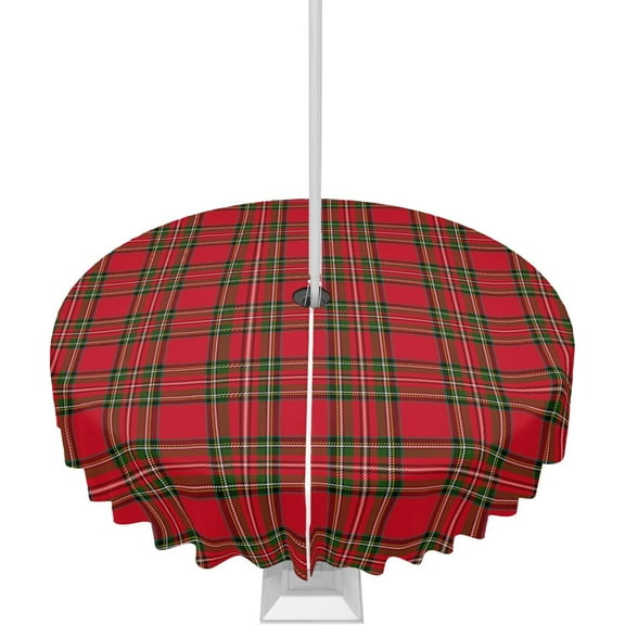 Christmas Tablecloth Red Green Plaid Round Outdoor Tablecloths 60 Inch, Patio Table Cloths with Umbrella Hole and Zipper, Xmas Buffaloered Table Cover for Outdoor Tables Dining Xmas Holiday Party
