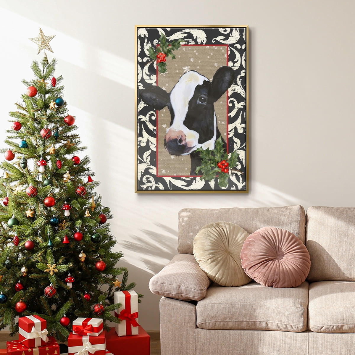County Christmas Farm I - Framed Gallery Wrapped Holiday Canvas - 25 x 37 - Gold Frame