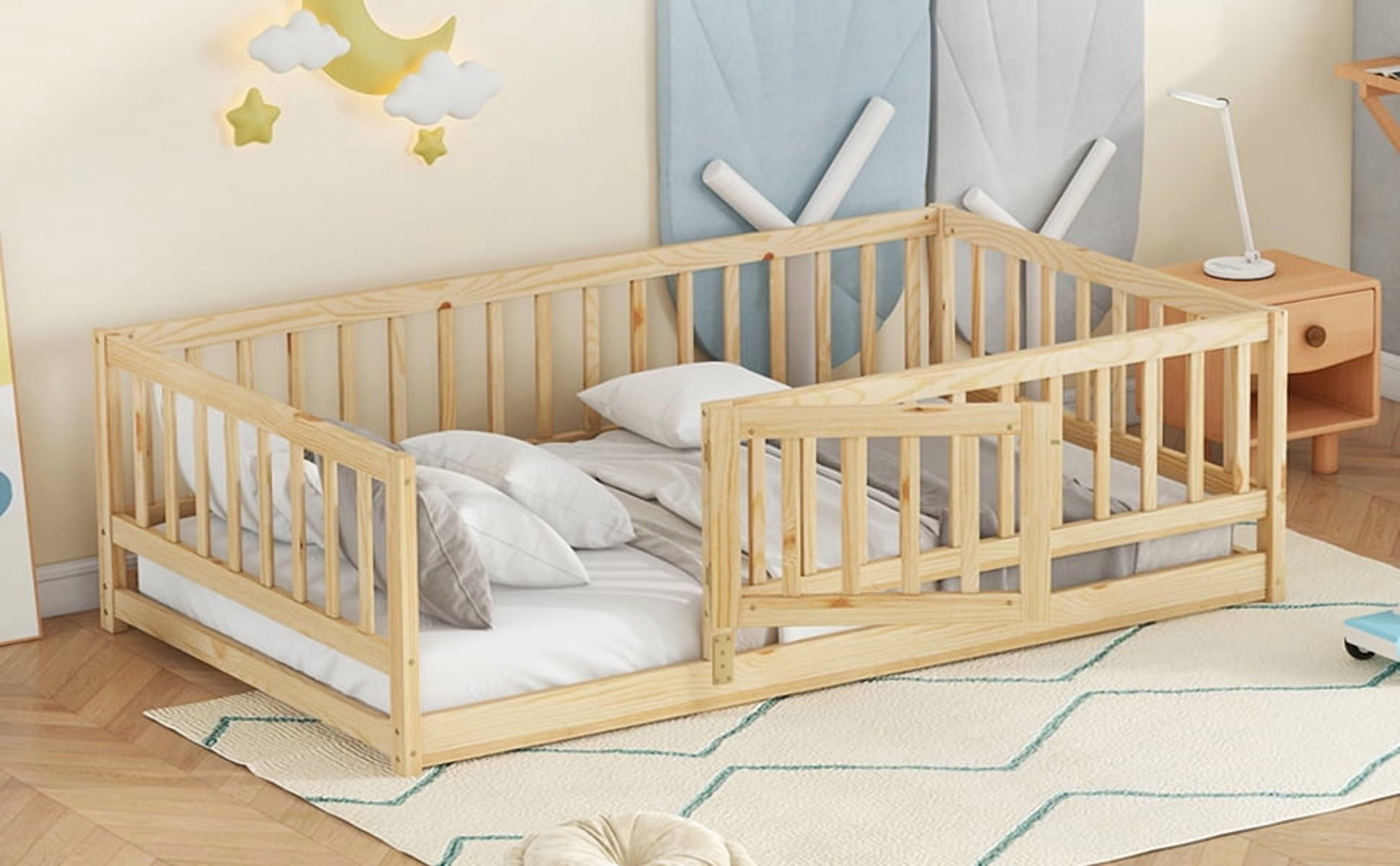 Twin Size Floor Bed with Slats, Montessori Style with Fence & Door, Solid Wood Construction, Oak