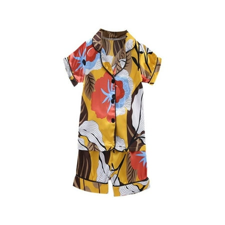 

Baby Kids Boys Girls Small Leaves Print Outfits Set Short Sleeve Blouse Tops+Shorts Sleepwear Pajamas