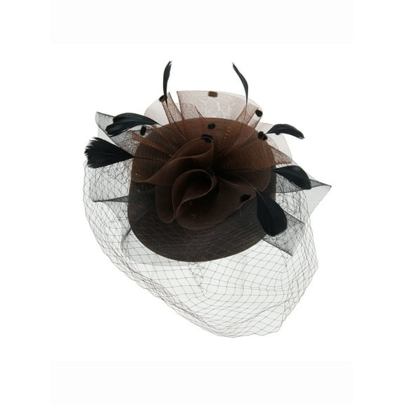 Chic Headwear Braid Pill Hat w/ Mesh Veil and Feathers - Brown