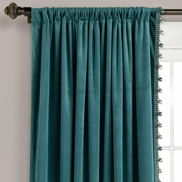 Lush Decor Luxury Vintage Velvet With Silky Pompom Trim Window Panel Light Filtering - Blue -Single- 84 x 52
