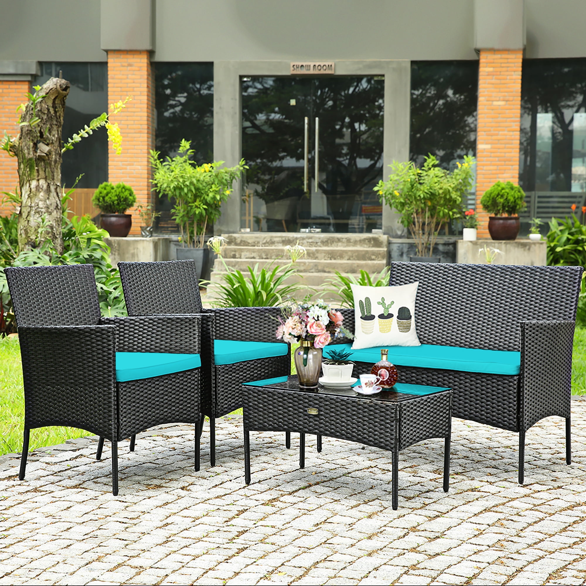 Costway 4PCS Patio Rattan Furniture Set Cushioned Sofa Coffee Table Backyard Turquoise