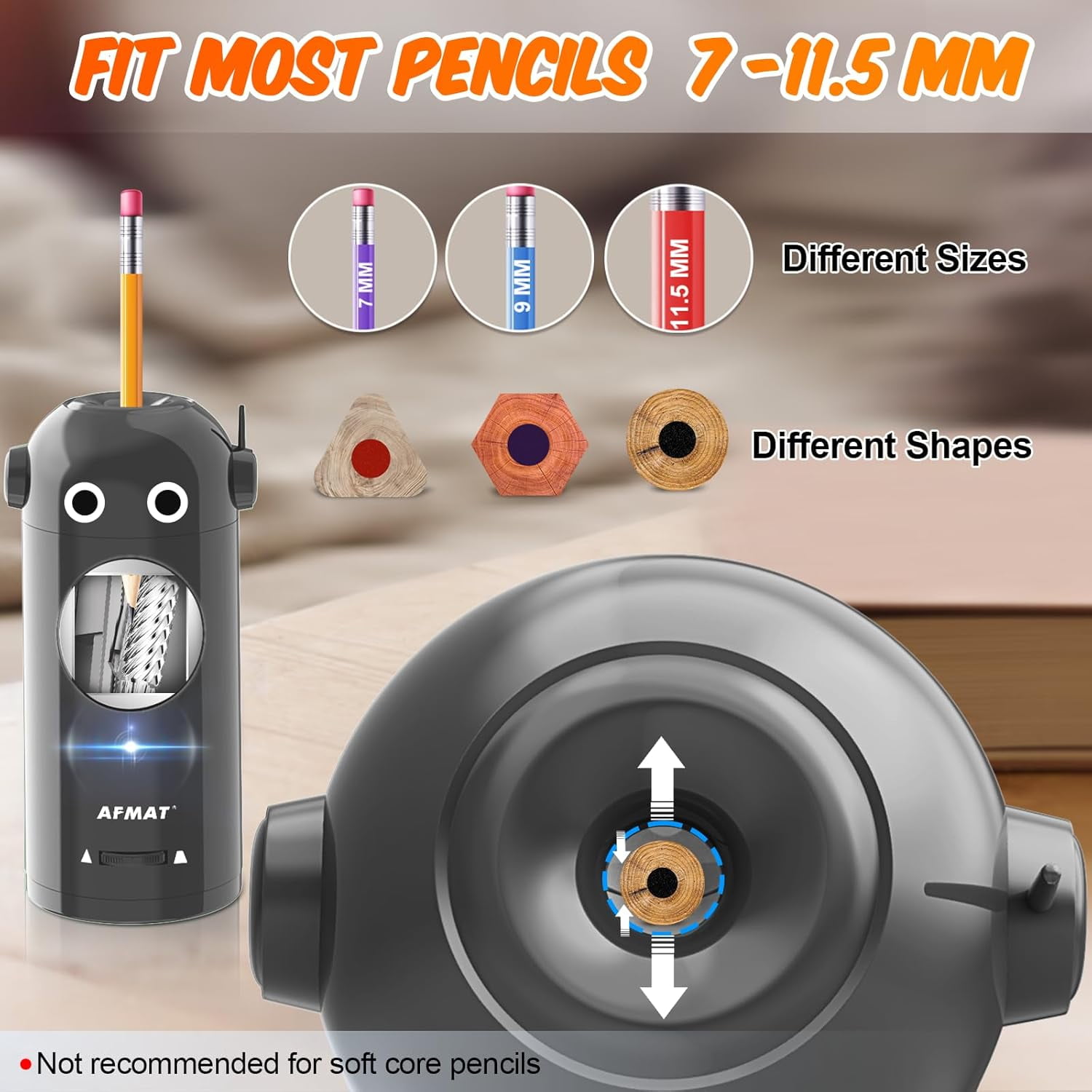 Electric Pencil Sharpener for Colored Pencils 7-11.5mm, Fully Automatic Robot Pencil Sharpener, Auto in & Out, Rechargeable Hands-Free for Classroom/Home/Office, Battery Operated, PSX5RB, Gray
