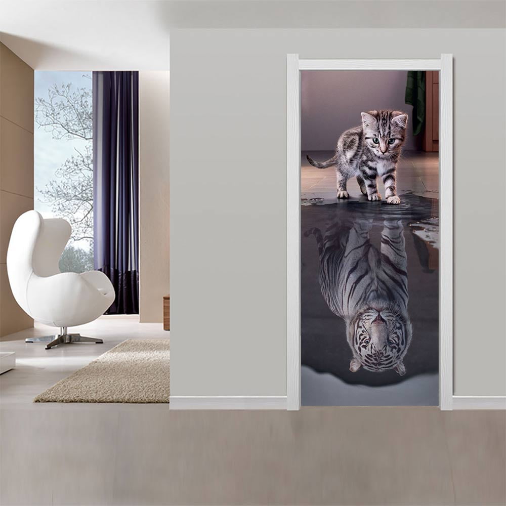3D Tiger Reflection Self Adhesive Kid's Bedroom Door Stickers Wall Murals Decor 