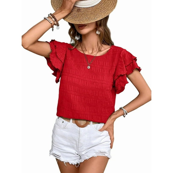 Womens Summer Tops Ruffle Short Sleeve Crewneck Shirts Textured Ladies Elegant Business Blouses Dressy Casual Red XL