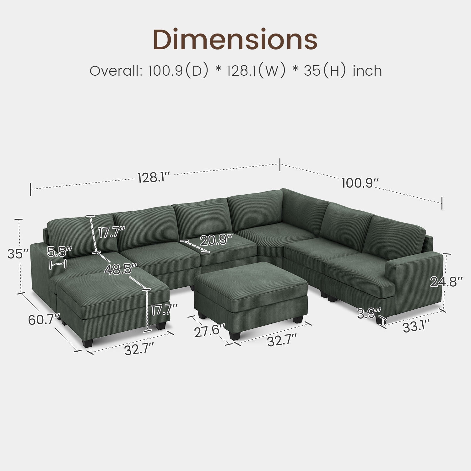HONBAY 128.1" Modern Sectional Sofa Bed Couch U Shape Corduroy Sleeper Oversized with Storage Ottomans for Living Room, Green