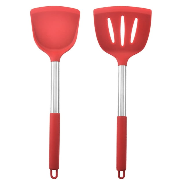Juego de utensilios de cocina de 2 piezas, utensilios de cocina de silicona, mango de acero inoxidable, para cocinar, rojo