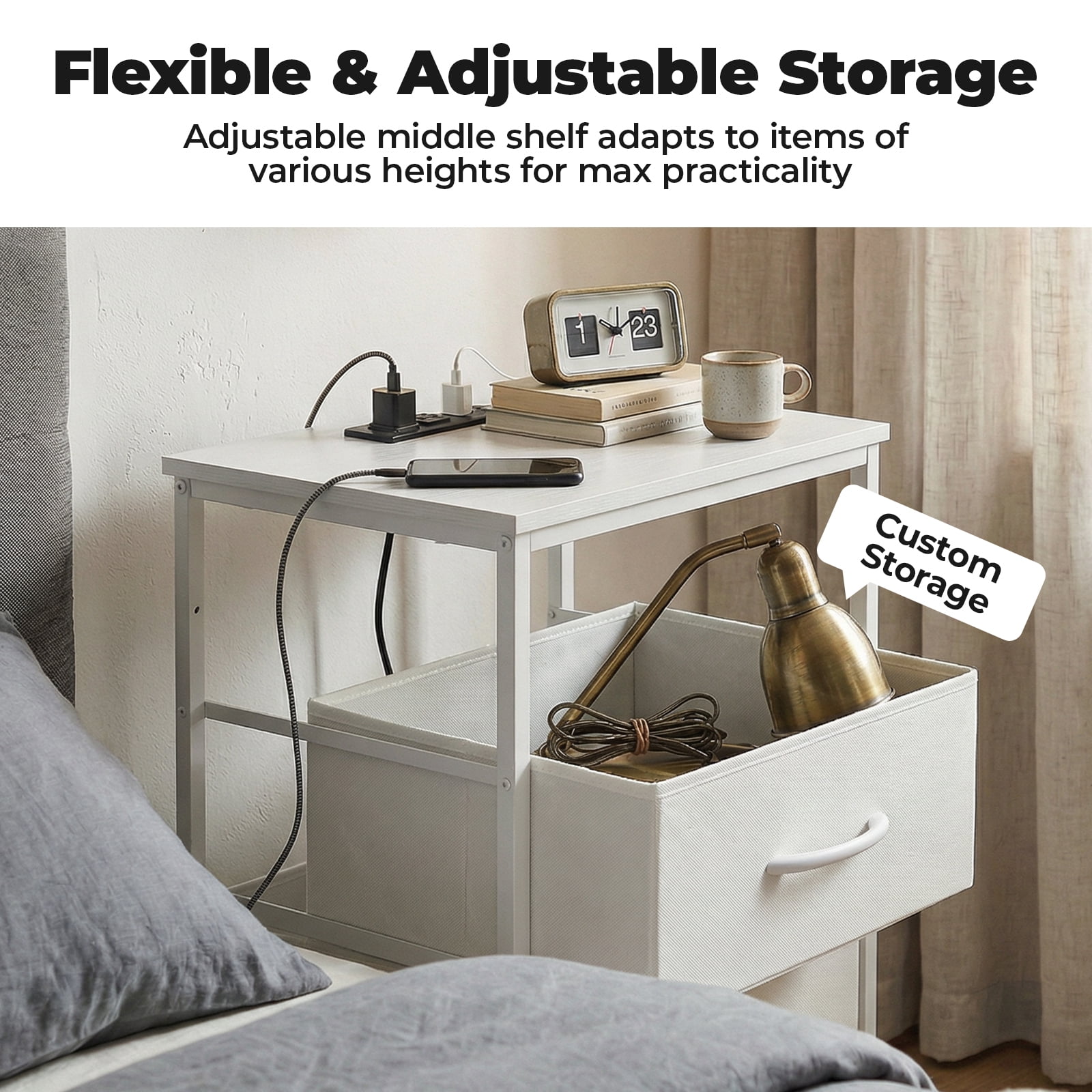 Alvantor Bedside Table Charging Station Nightstand with Fabric Drawers, End Side Table for Bedroom Living Room