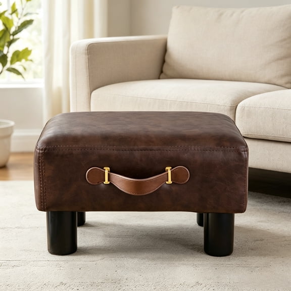 Dycanpo 9" Foot Stool with Handle, Faux Leather Foot Rest for Living Room, Brown
