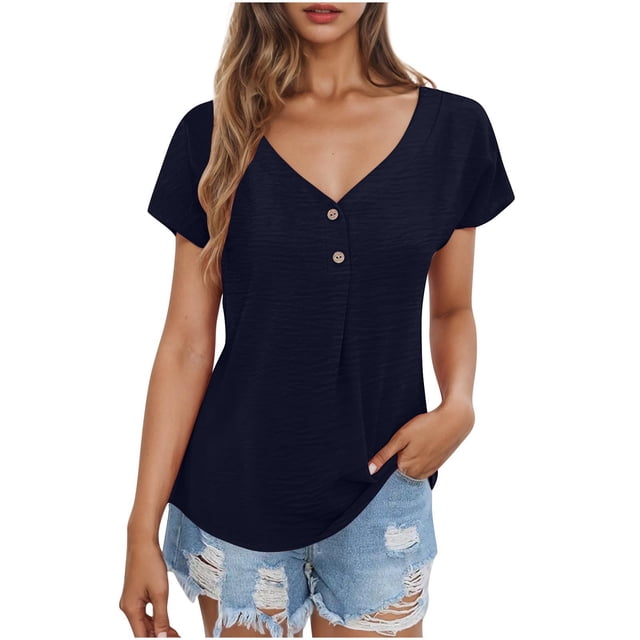 Timegard Top for Women V Neck Button Short Sleeve Ruched Tunic Top Dressy Casual Lightweight Tee Shirts