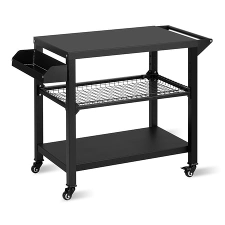 Polar Aurora Three-Shelf Movable Outdoor Grill Cart Pizza Oven Stand, Multifunctional Kitchen Food Prep Table with Drawer , Black Solid Steel Dining Worktable on 4 Wheels & Seasoning Tray